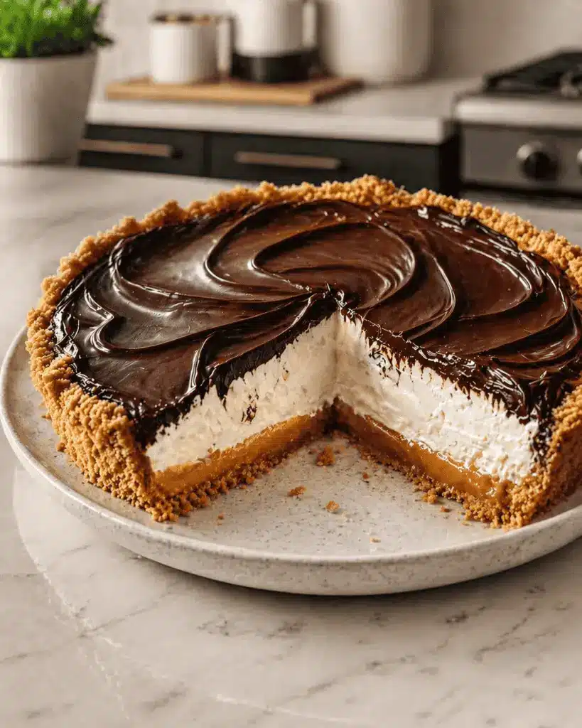 A slice of no bake chocolate eclair cake on a plate showing the soft layers