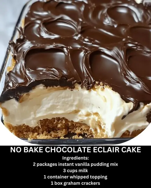 A sliced piece of no-bake chocolate eclair cake showing the distinct layers of crackers and cream.