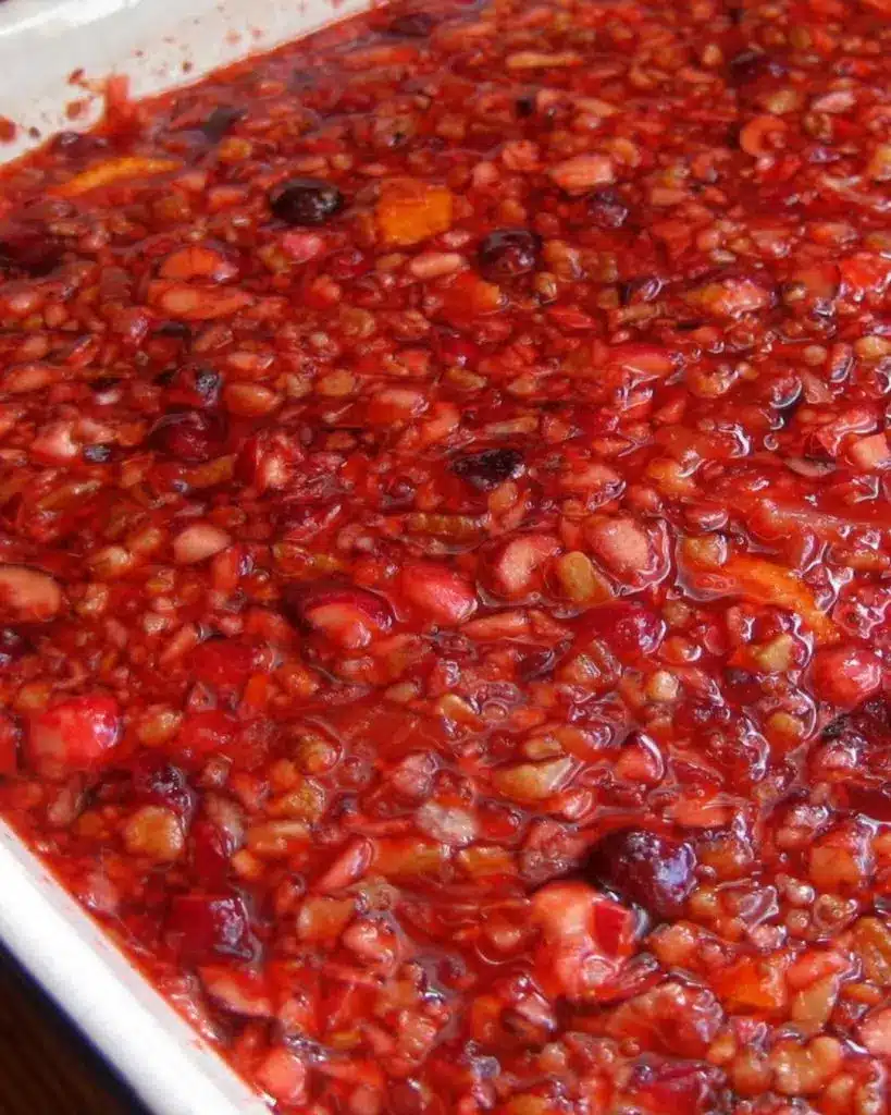 Close up shot showing the creamy texture and chopped cranberries in the salad