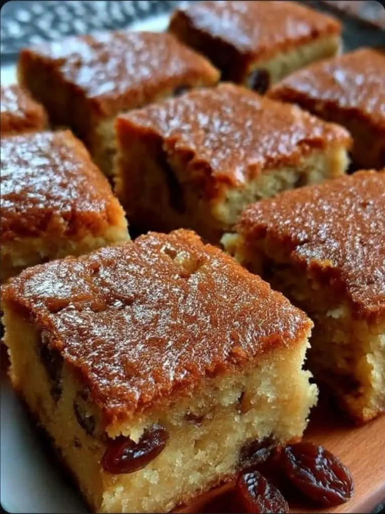 A sliced old fashioned war cake served on a plate with a dusting of powdered sugar