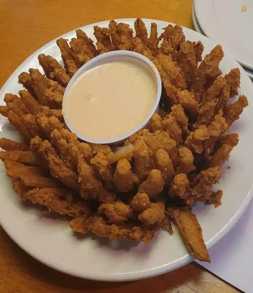 Close up of fried onion petals being dipped into a creamy pink sauce.
