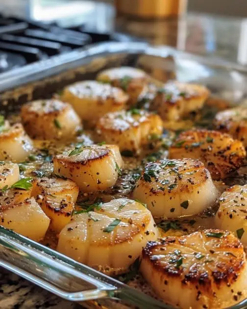 Perfectly seared scallops served in a garlic butter sauce with lemon wedges
