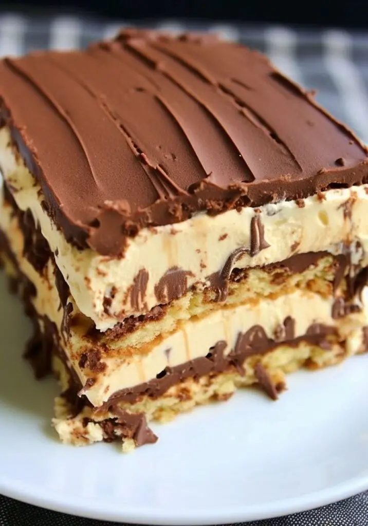 A perfect square of peanut butter eclair cake served on a white plate with chocolate drizzle.