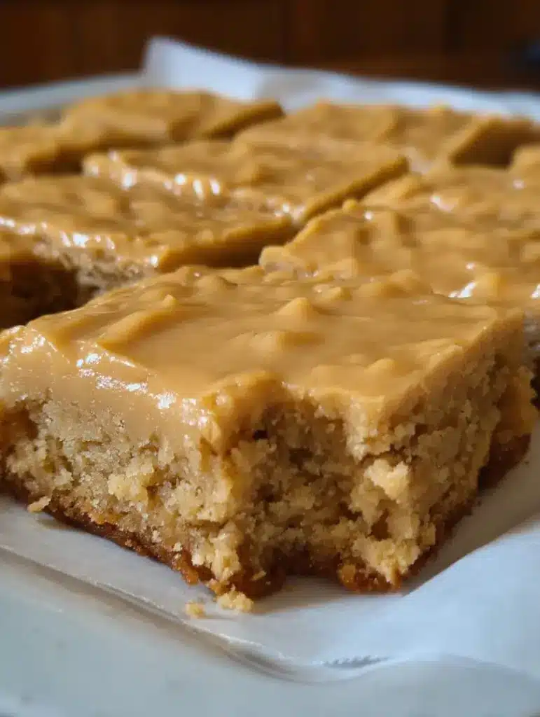 A stack of sliced peanut butter lunch lady bars showing the thick peanut butter base and chocolate layer