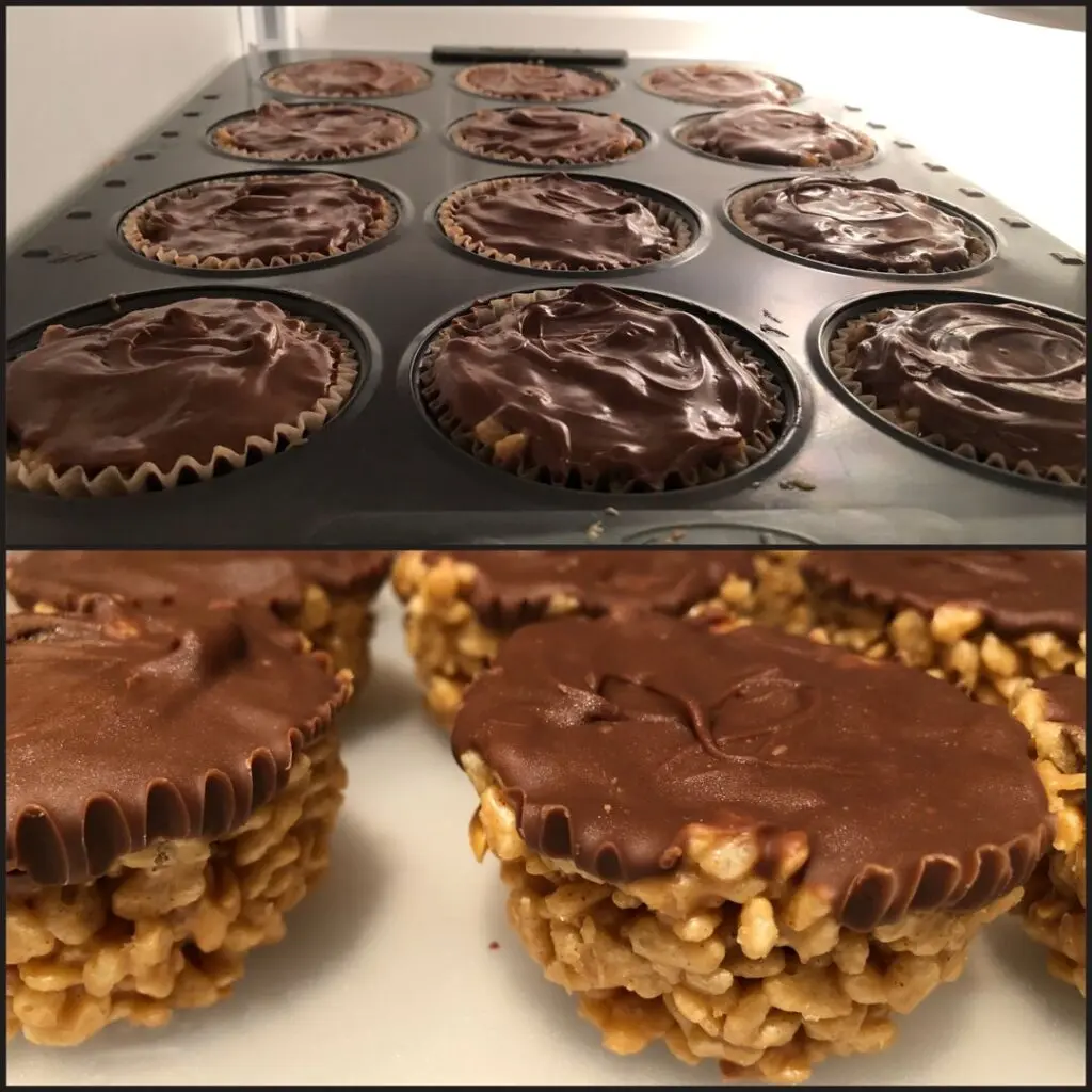 Squares of peanut butter rice krispies treats arranged on a plate.