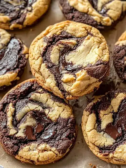 A stack of peanut butter swirl brownie cookies showing the fudgy texture inside