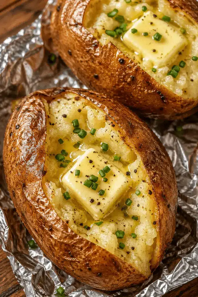 A perfectly baked potato split open with melting butter and chives