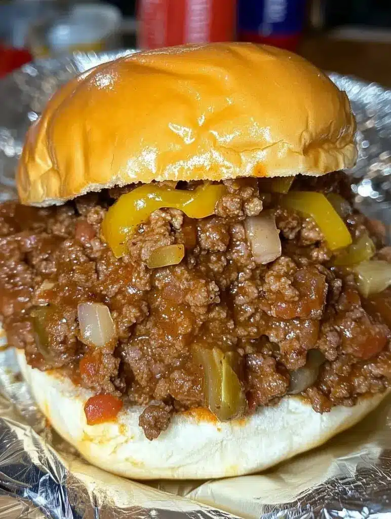A close-up of a Philly cheesesteak sloppy joe on a brioche bun with melted cheese dripping down the side.
