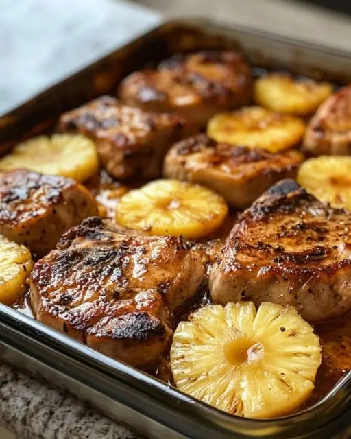Plated pineapple glazed pork chops served with fluffy white rice and steamed green beans.