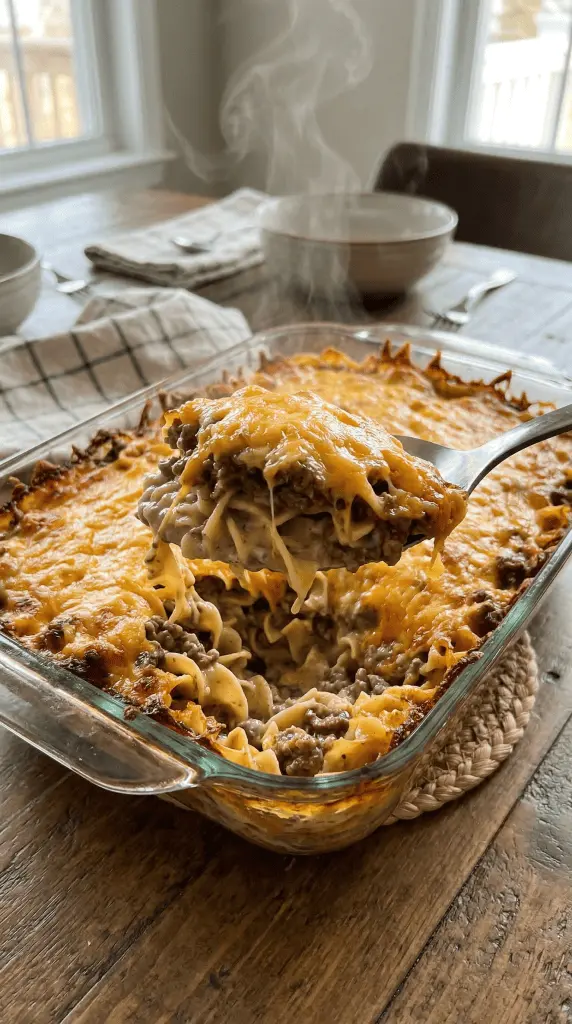 A serving of the husband casserole on a plate showing the layers of noodles, cream cheese, and beef