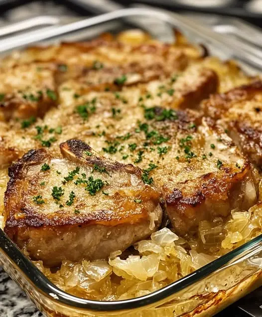A finished plate of tender pork chops topped with caramelized sauerkraut and apples