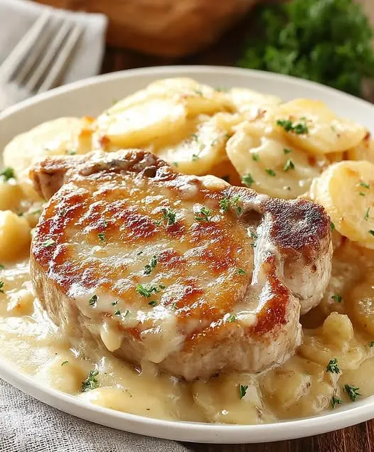 The finished pork chops and scalloped potatoes casserole bubbling and golden brown.