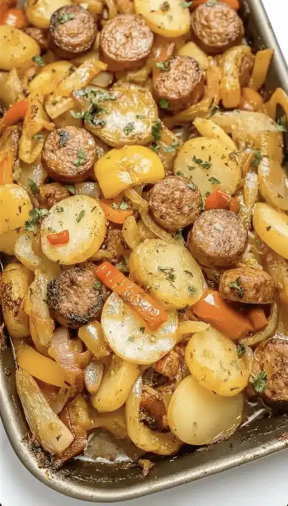 The finished roasted sausage peppers and potatoes served on a plate with a garnish of fresh parsley