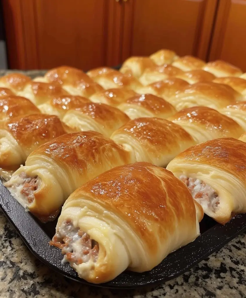 A close up shot of a sausage cream cheese crescent roll showing the creamy meaty filling
