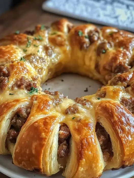 A golden brown cooked sausage puff pastry ring served on a wooden board