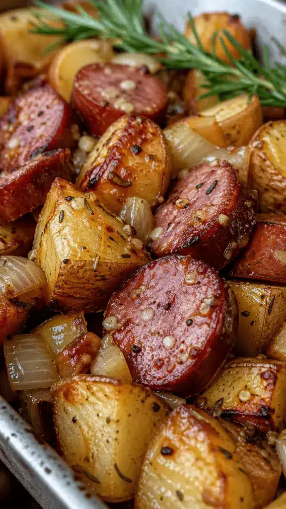 The finished sheet pan dinner served in a bowl, garnished with fresh herbs.