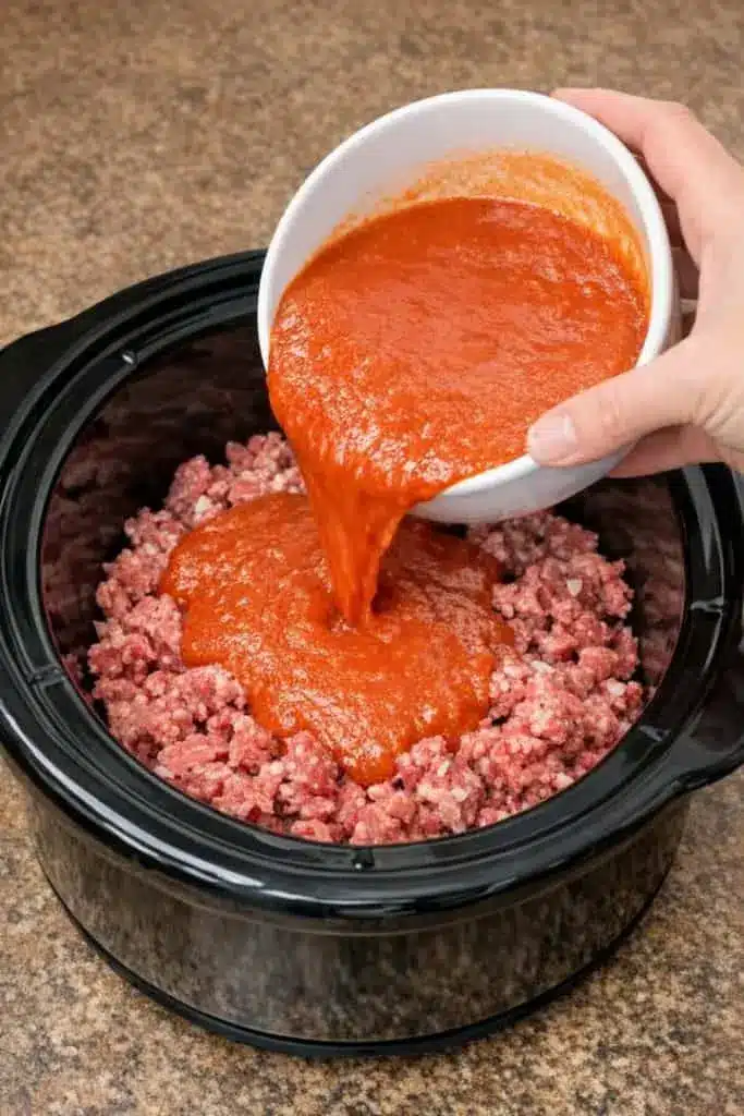 Serving of amish beef casserole on a plate with parsley garnish