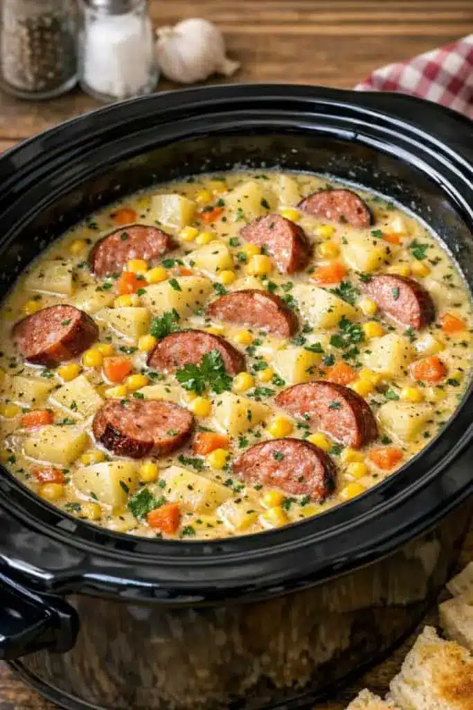 A bowl of slow cooker amish sausage chowder garnished with shredded cheese and fresh parsley