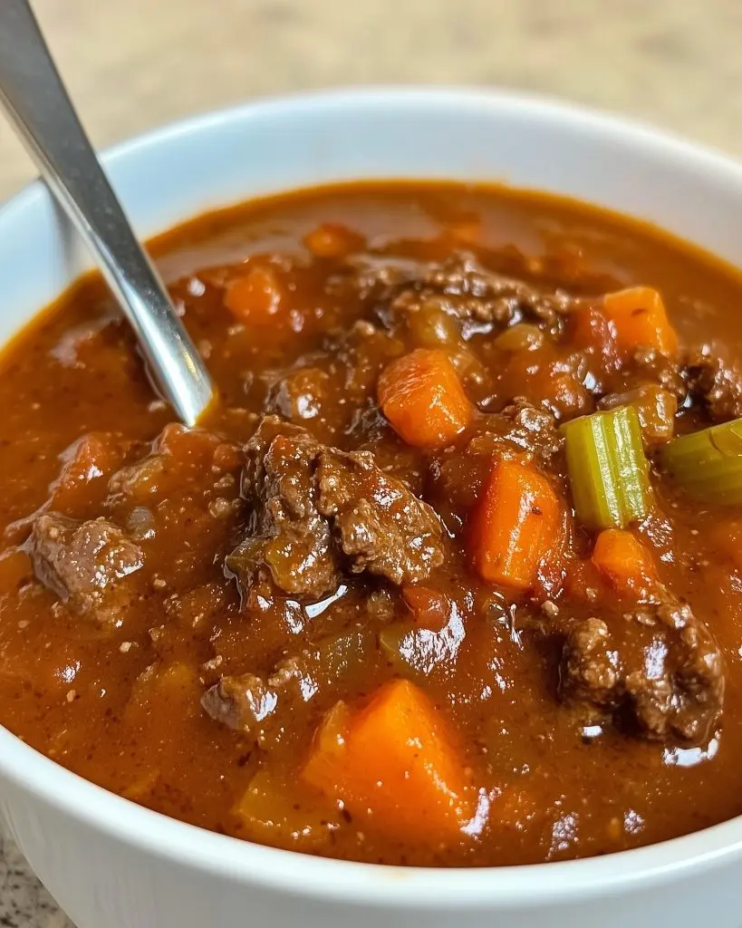 Finished slow cooker bbq beef stew served in a bowl with a side of cornbread