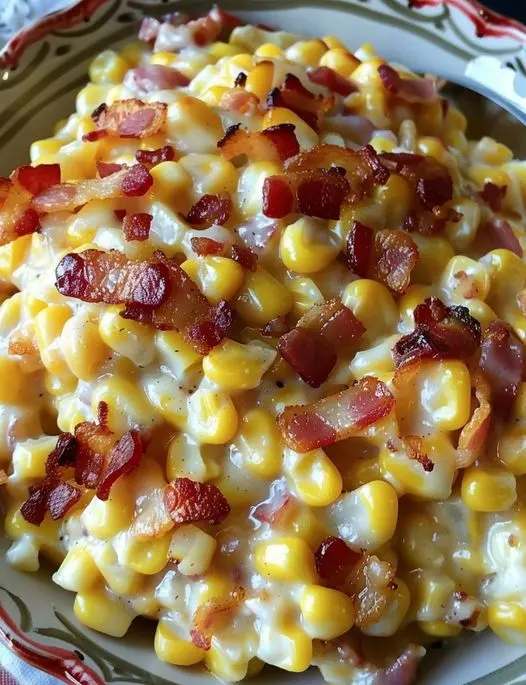 Slow cooker cheddar bacon corn served in a white bowl showing the creamy texture and melted cheese
