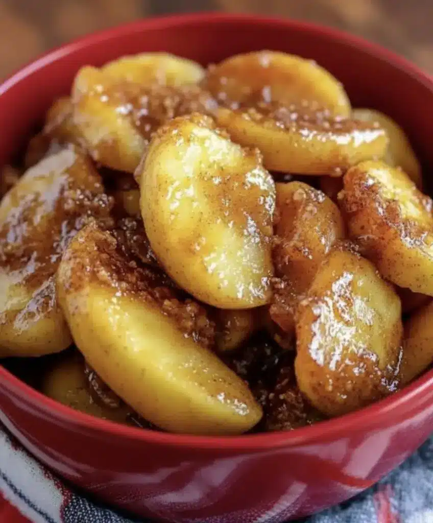 Finished slow cooker cracker barrel apples served in a white bowl with a spoon