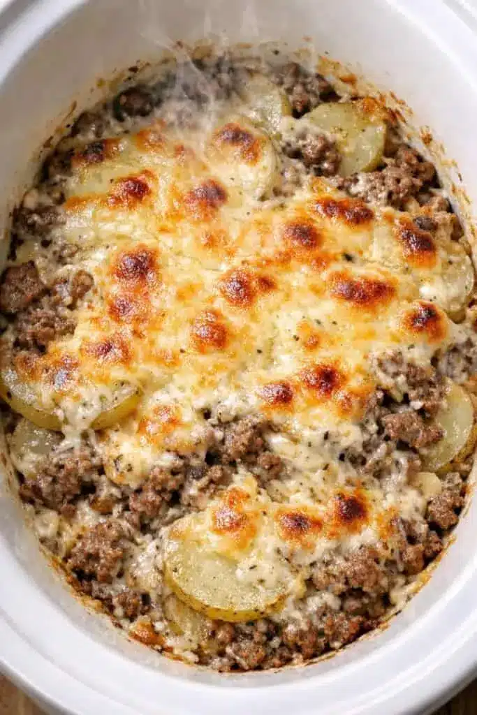 Finished slow cooker hamburger potato casserole served on a white plate