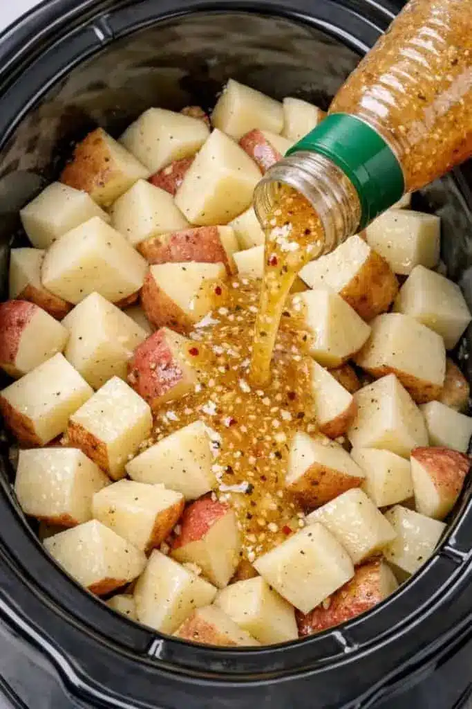 Served slow cooker italian herb potatoes garnished with parsley and parmesan