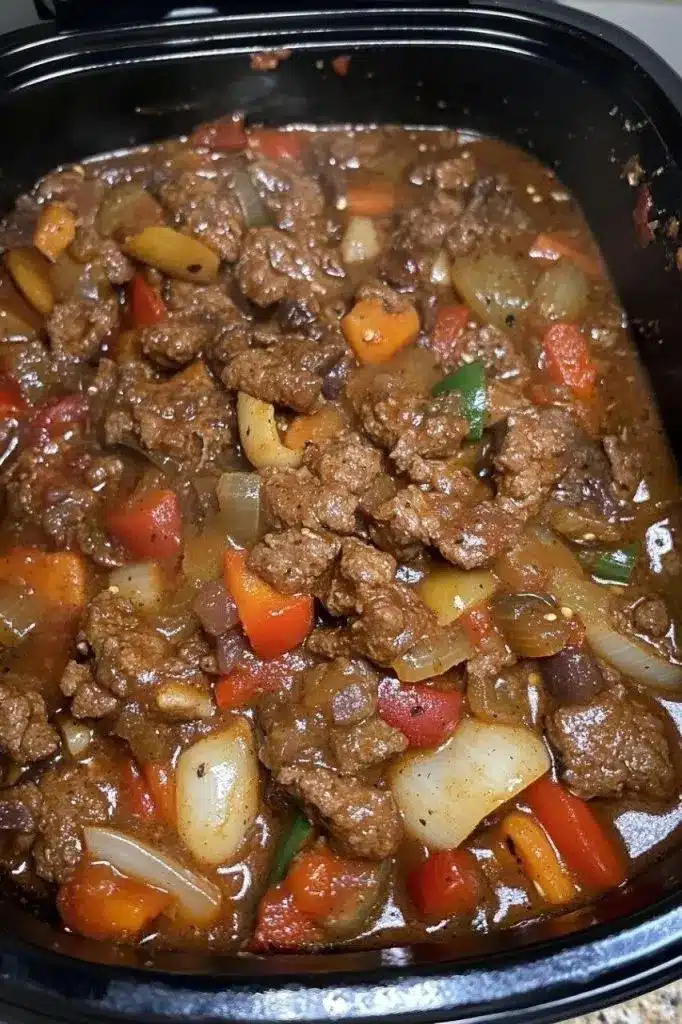 Slow cooker pepper steak served over white rice in a bowl, garnished with green onions.