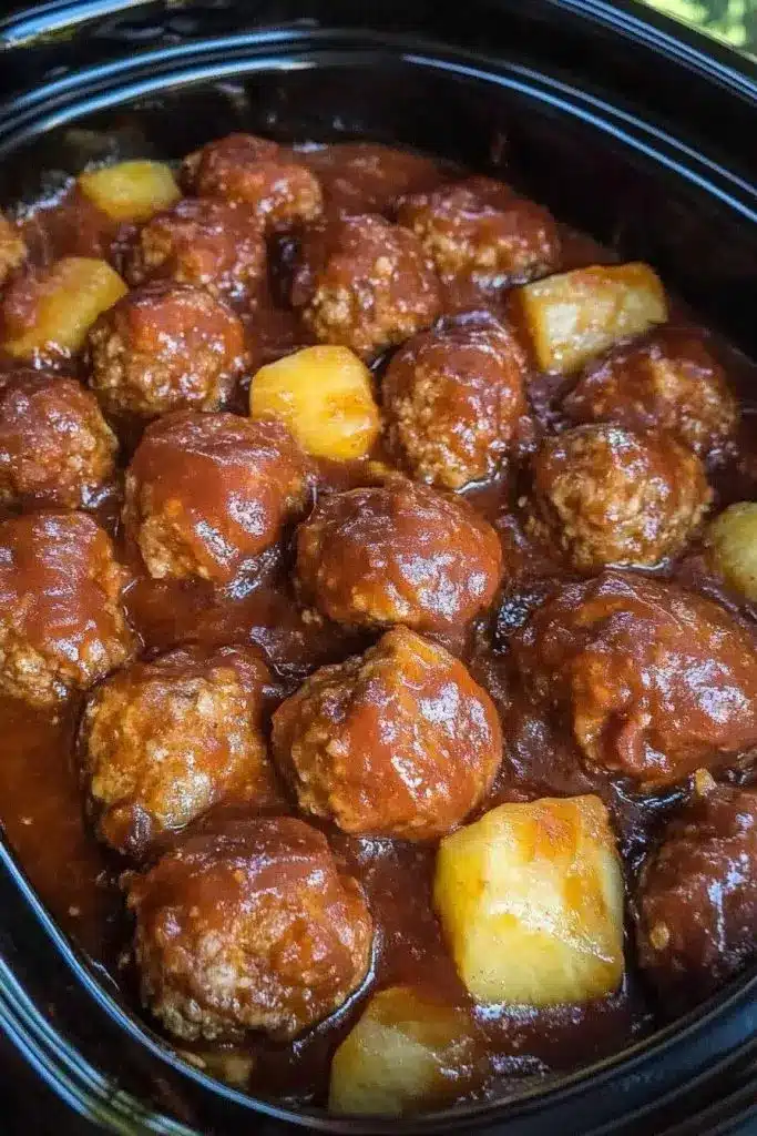 A serving of pineapple barbecue meatballs garnished with green onions