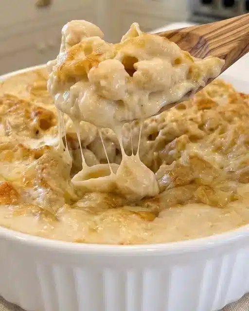 Close up of smoked gouda mac and cheese showing the stretchy cheese sauce and pasta