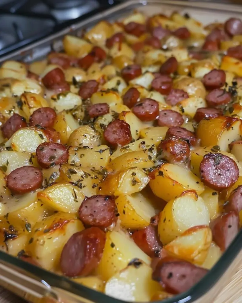 The finished smoked sausage and potato bake garnished with fresh parsley and served with a side of mustard