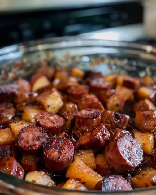 Plated serving of smoked sausage and potatoes with a side of green beans