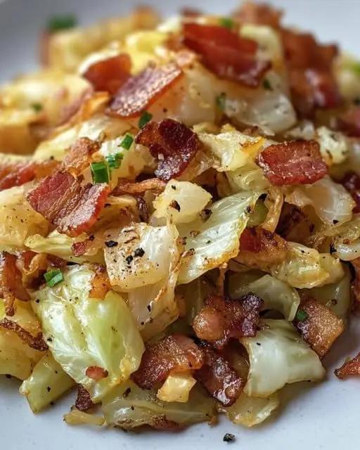 Close up of southern fried cabbage with bacon served in a bowl, showing the caramelized edges of the vegetables.