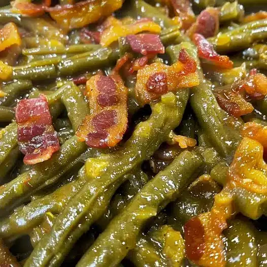 A steaming bowl of Southern green beans with large chunks of bacon and onions