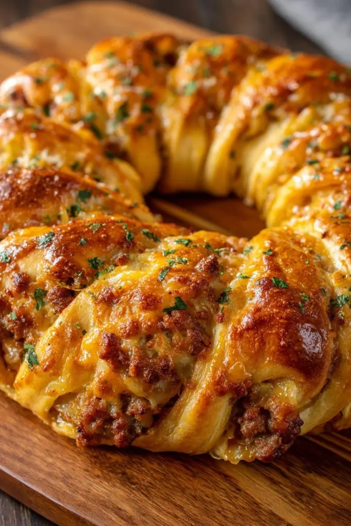 A golden brown spicy Italian crescent ring sliced and ready to serve