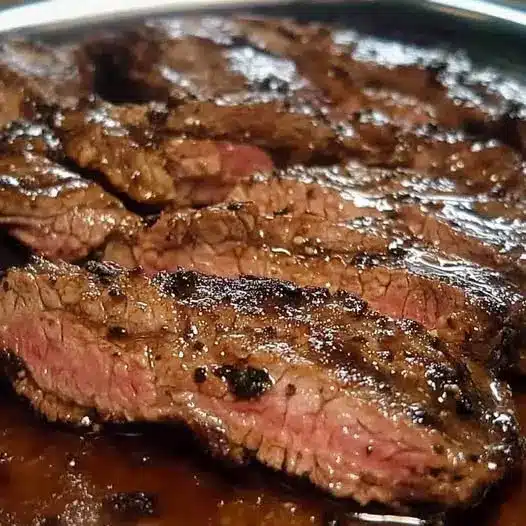 Slices of seared steak served on a bed of mashed potatoes, completely covered in a rich brown mushroom gravy.