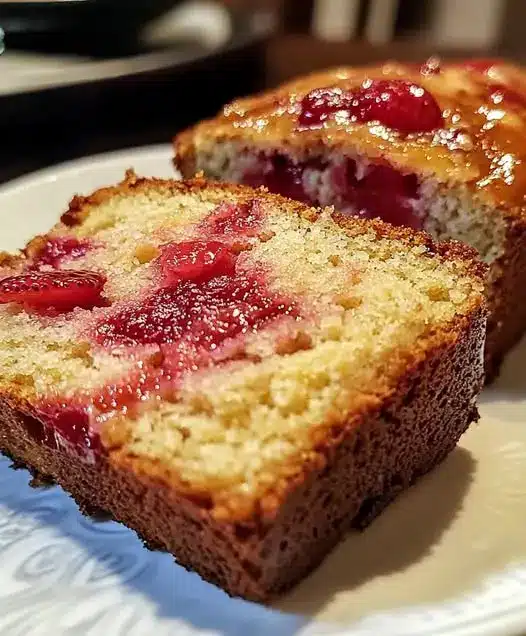 A sliced strawberry swirl pound cake showing the beautiful marble interior on a serving plate