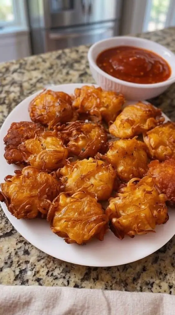A plate of freshly fried amish onion fritters served with a side of dipping sauce