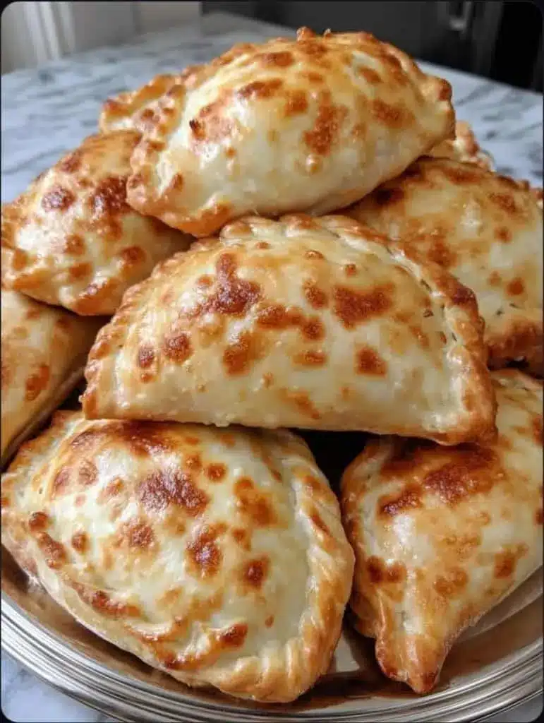 A close up of a bitten-into Forfar Bridie showing the savory beef filling
