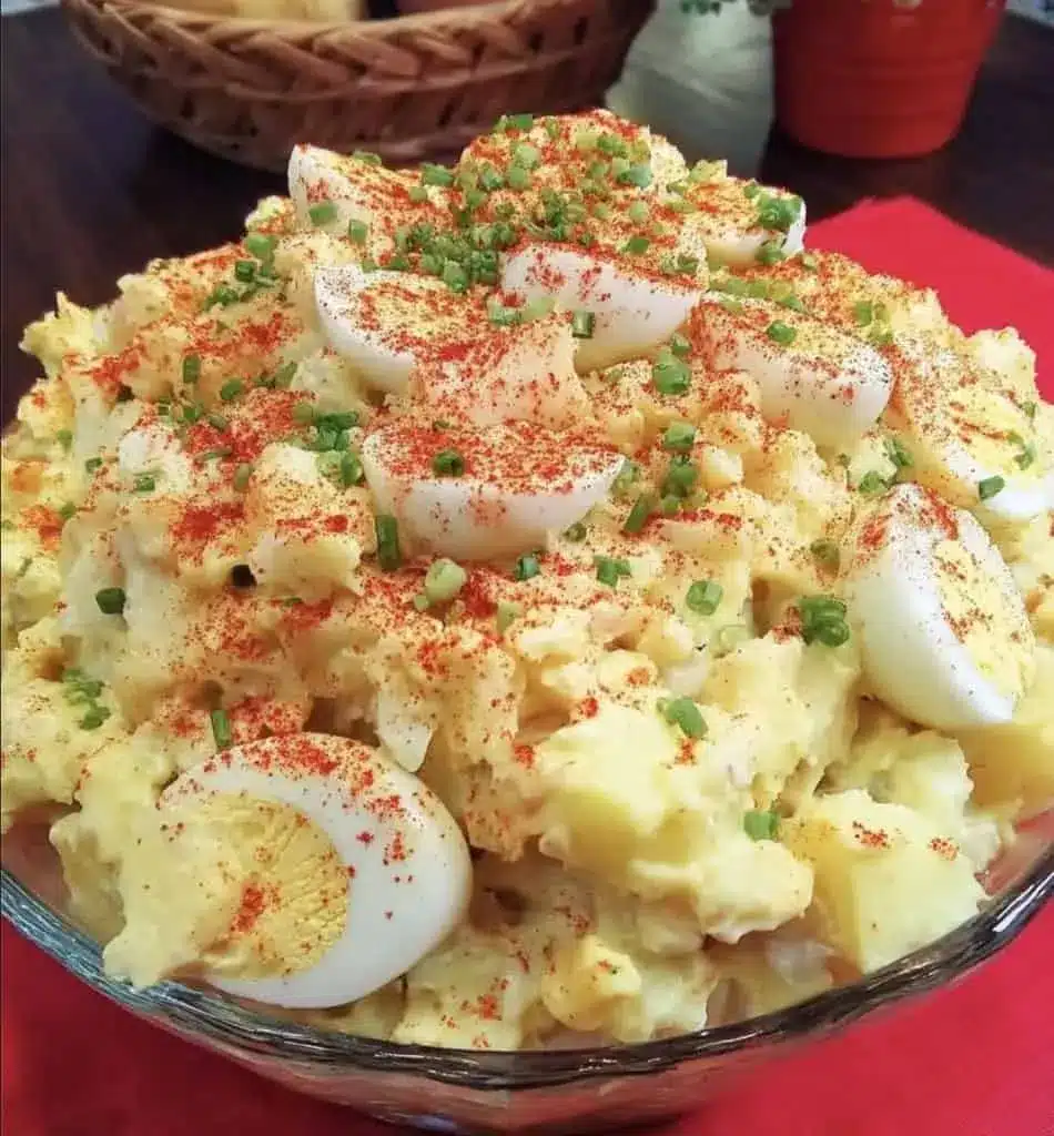 A close-up of Southern potato salad served as a side dish on a picnic table