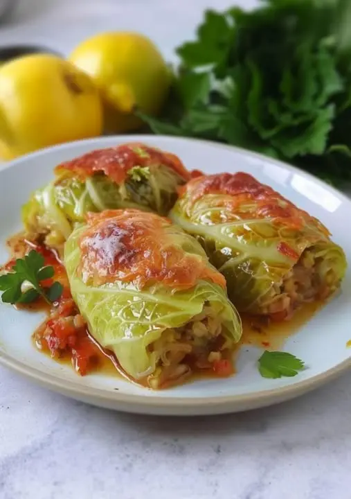 A plate of finished traditional stuffed cabbage rolls topped with tomato sauce and fresh herbs
