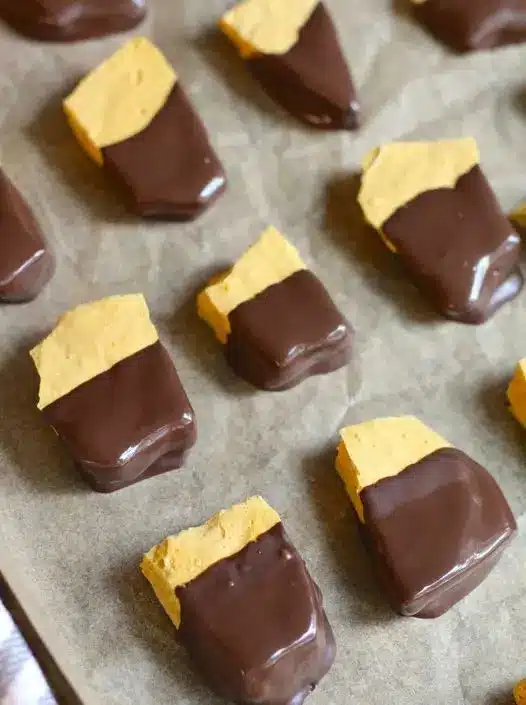 Assorted pieces of chocolate-coated fairy food candy on a white plate