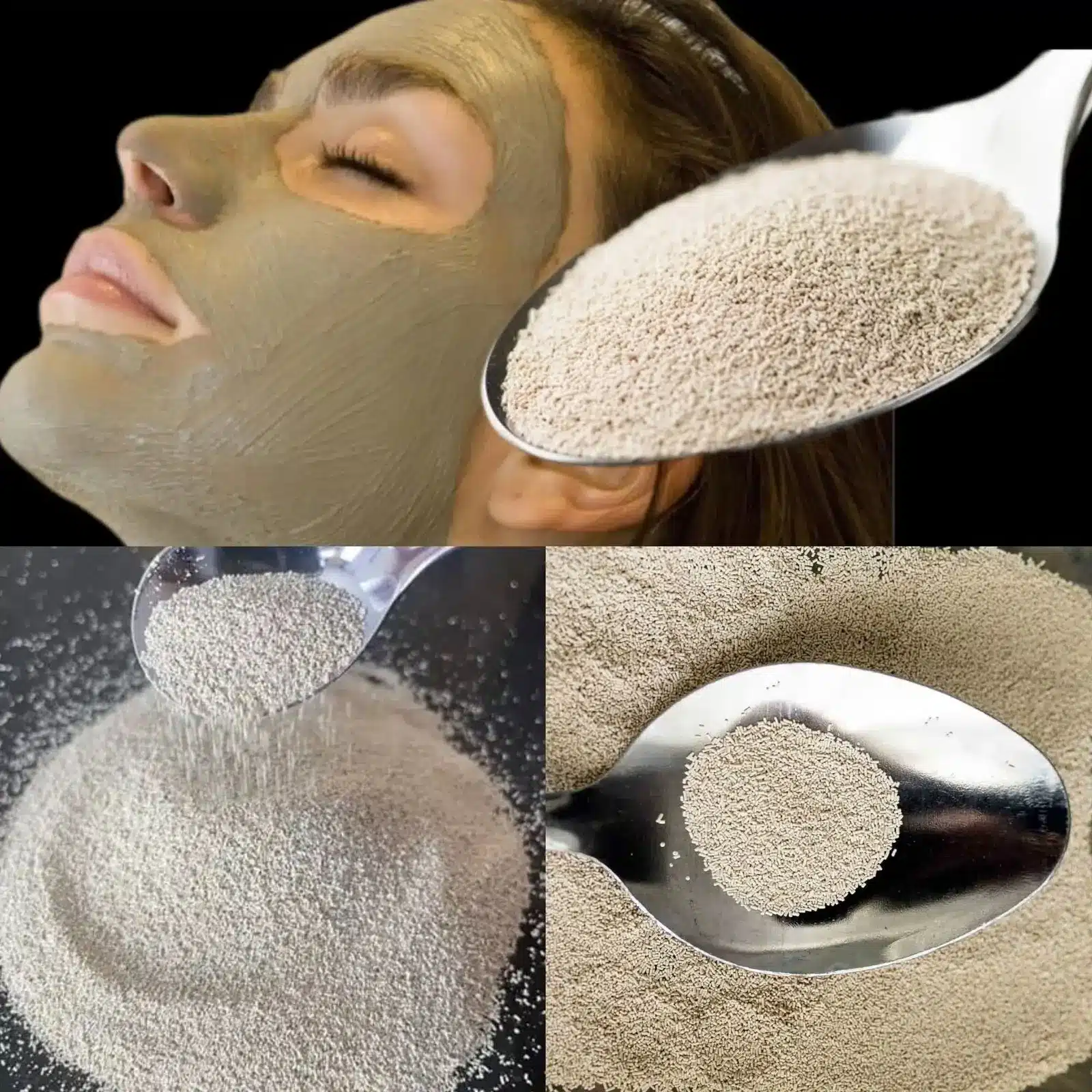 A woman applying a creamy natural face mask to her cheek looking into a mirror.